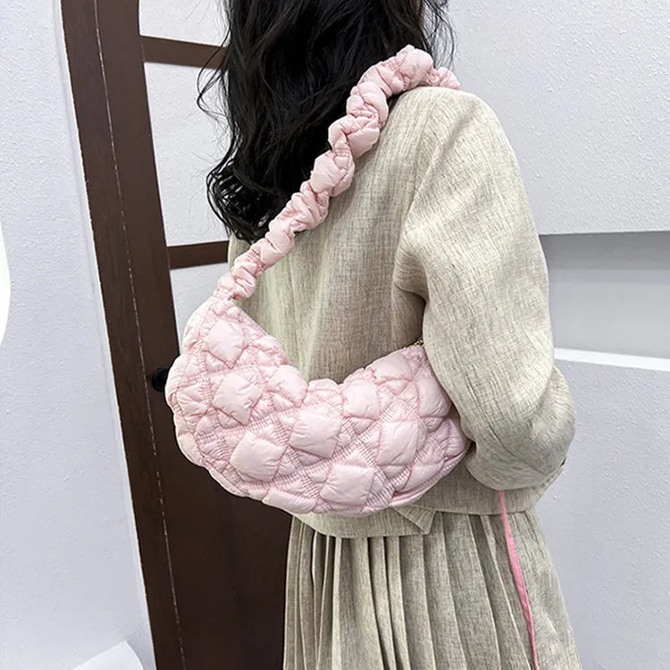 Women's casual nylon underarm shoulder bag in beige with adjustable strap, showing 35cm width