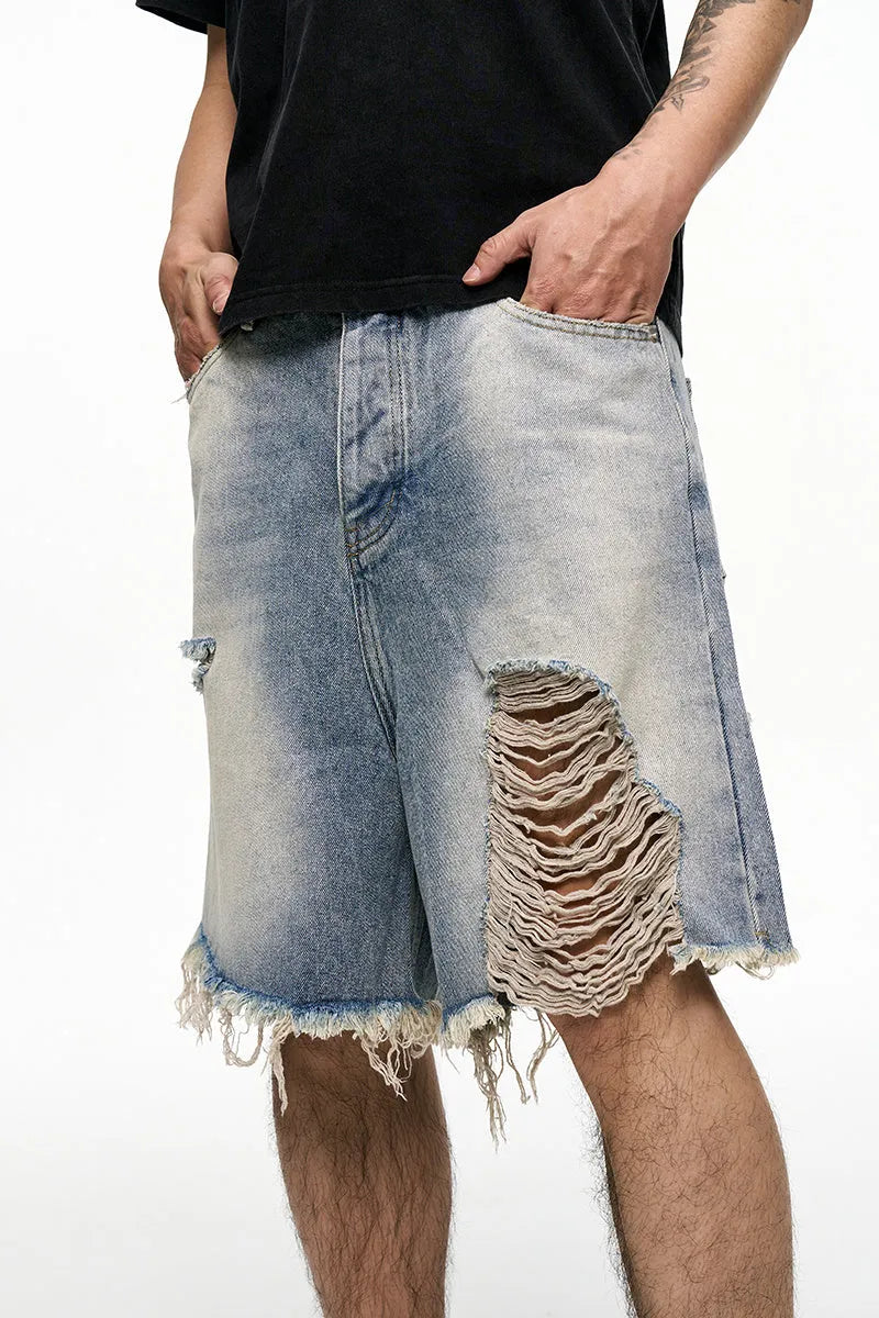 Light blue retro washed denim shorts with wide leg baggy cut and fifth pants length