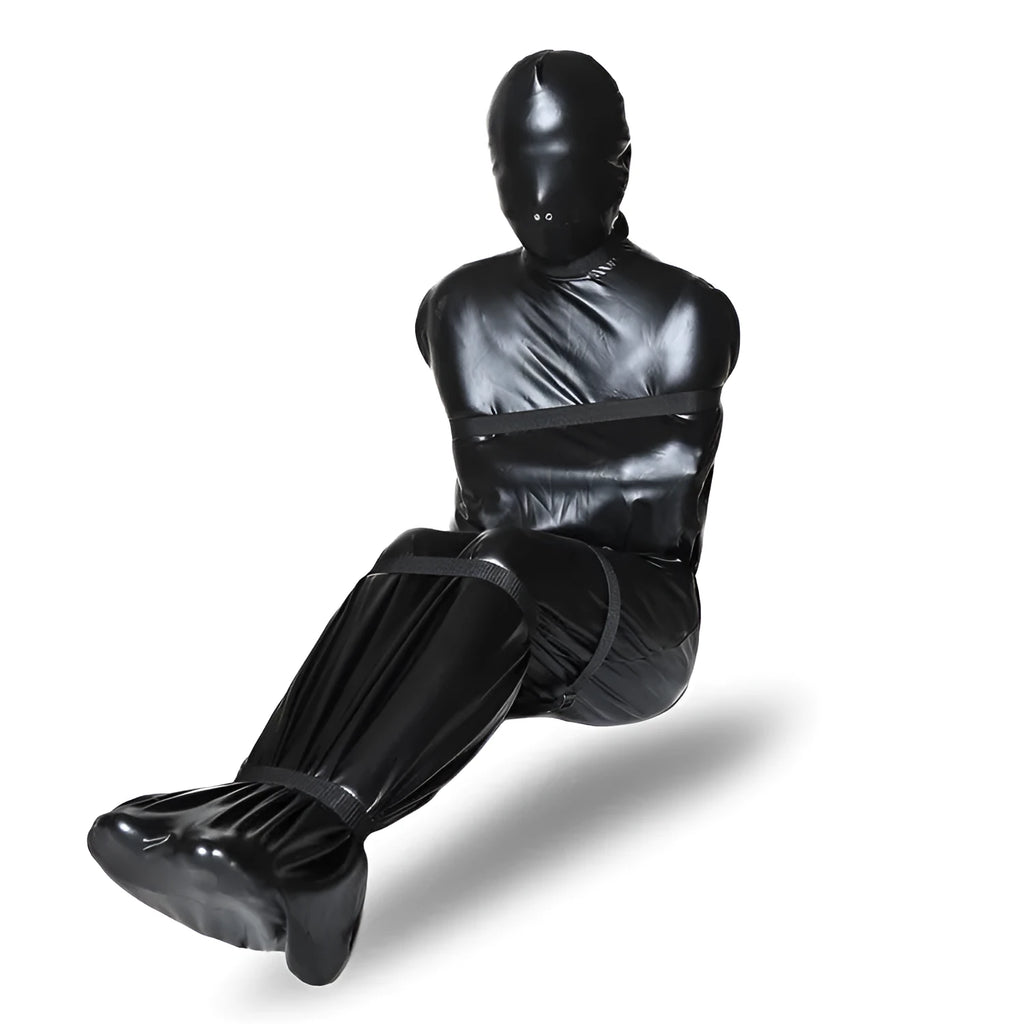 Black patent leather bondage clothing set with full body wrap and six ratchet tie-down straps
