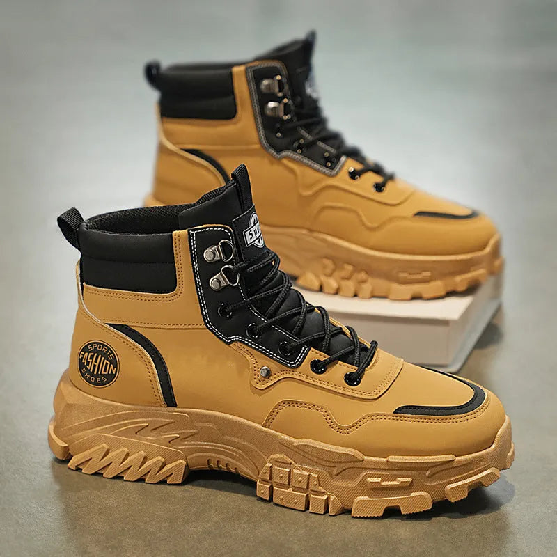 Men's mid-heel Martin boots in black or yellow with artificial PU upper and injection moulded sole