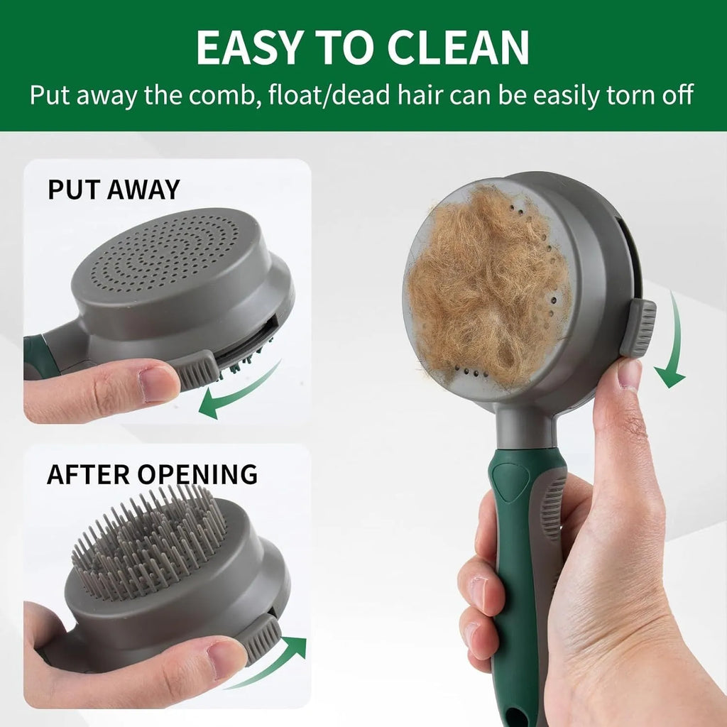 Green and pink dual-sided pet grooming brush with silicone massager and retractable slicker brush.