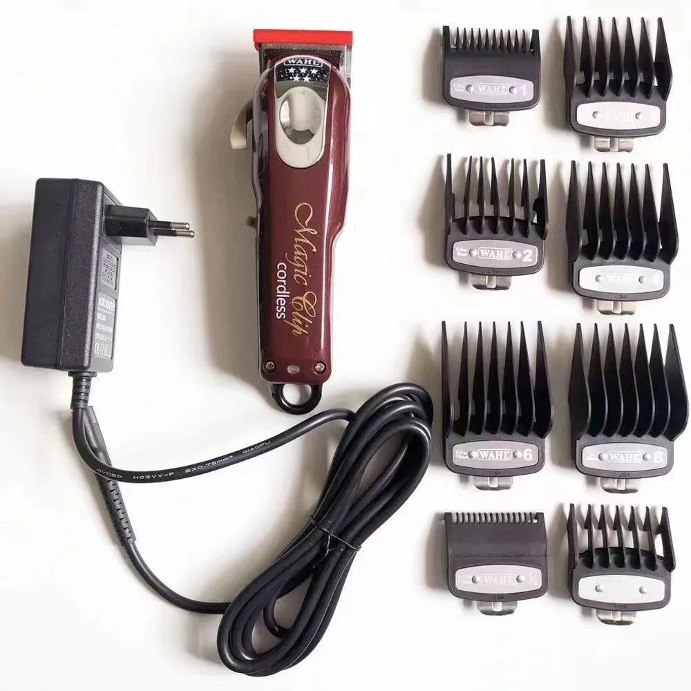 Charging cordless hair clippers with stainless steel cutter head on a stand, with UK, US and EU plug options.
