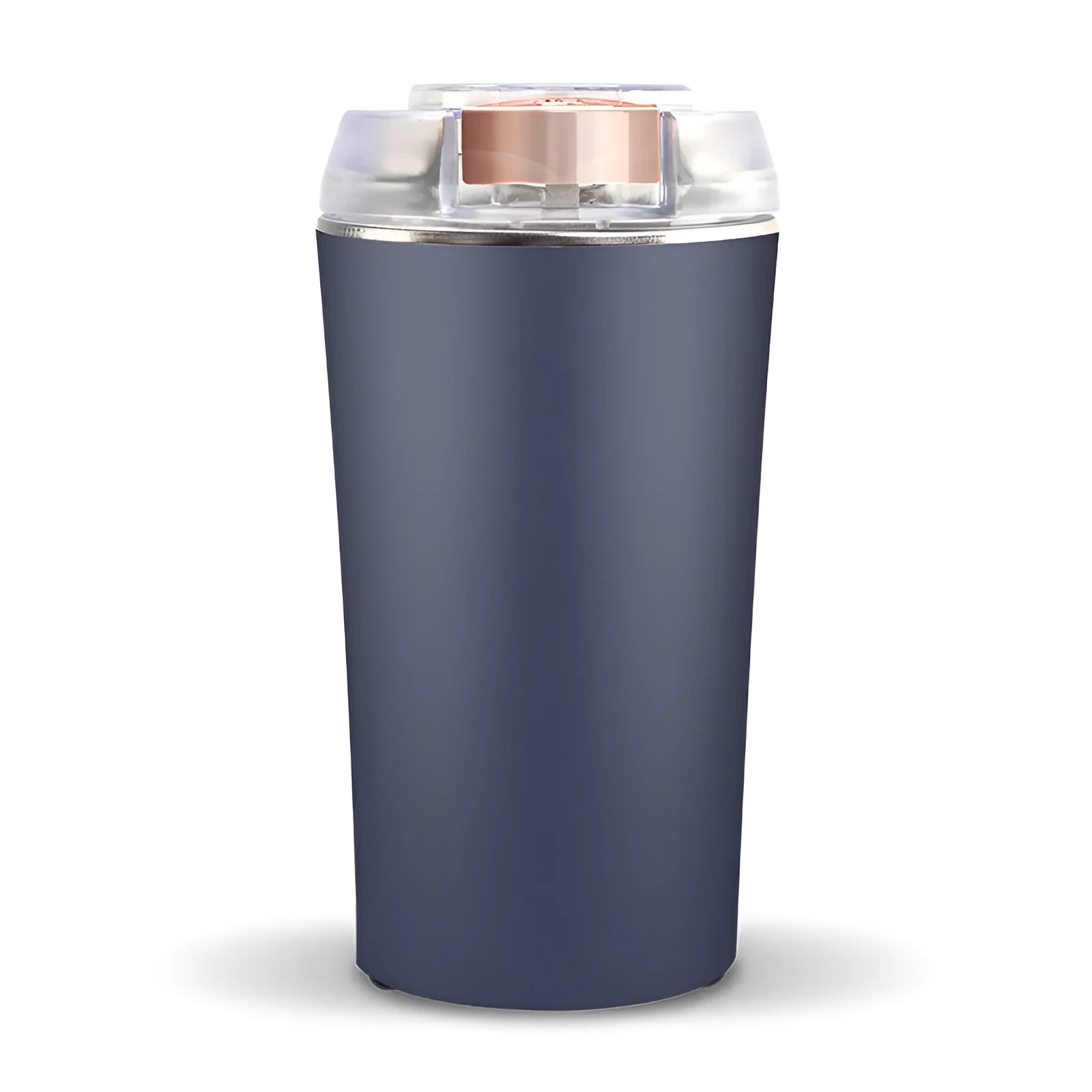 Blue compact electric mini flour mill and spice grinder on a kitchen countertop