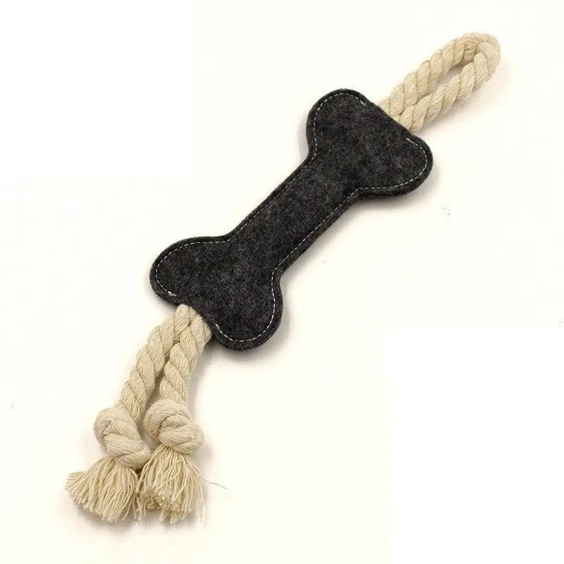 Felt bone shaped dog chew toy with rope knot texture in blue colour
