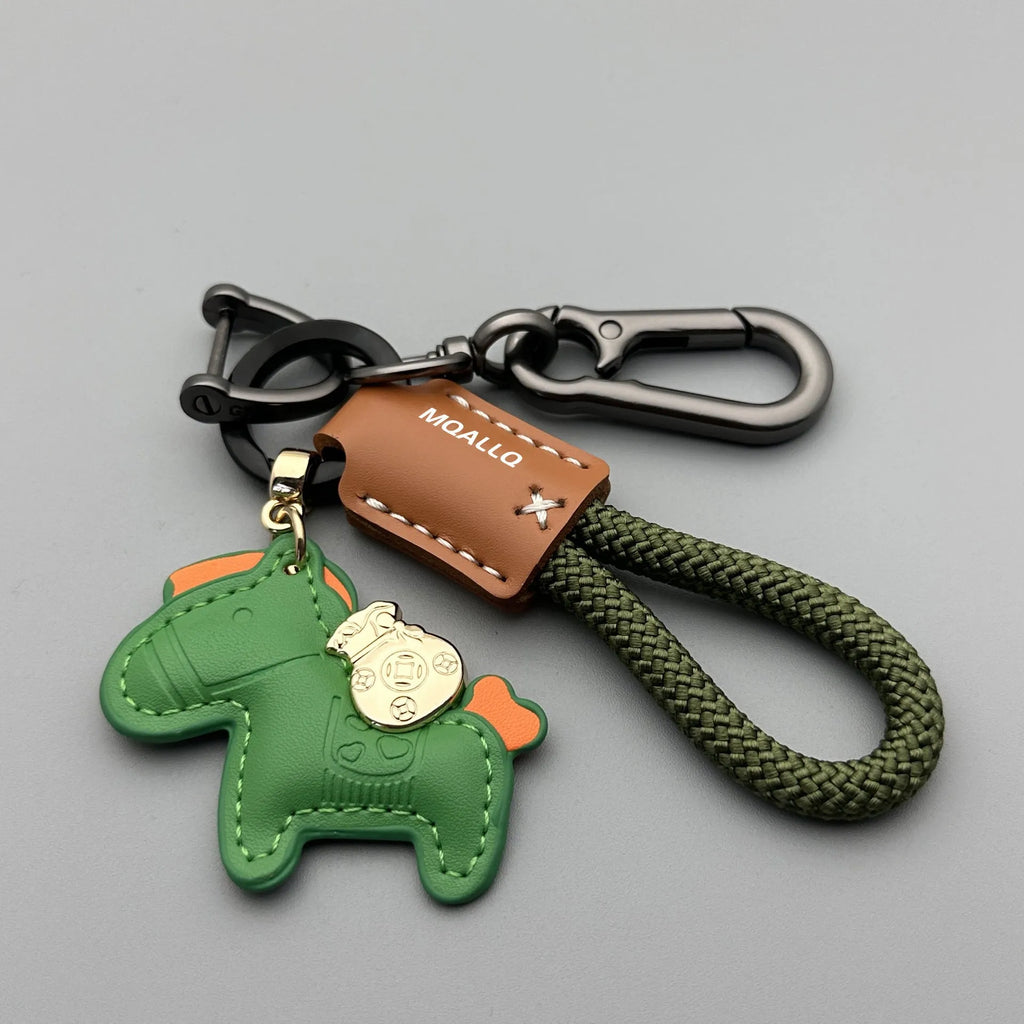 Cowhide car key ring pendant with zinc alloy pony belt buckle on flanelle rope in various colour options