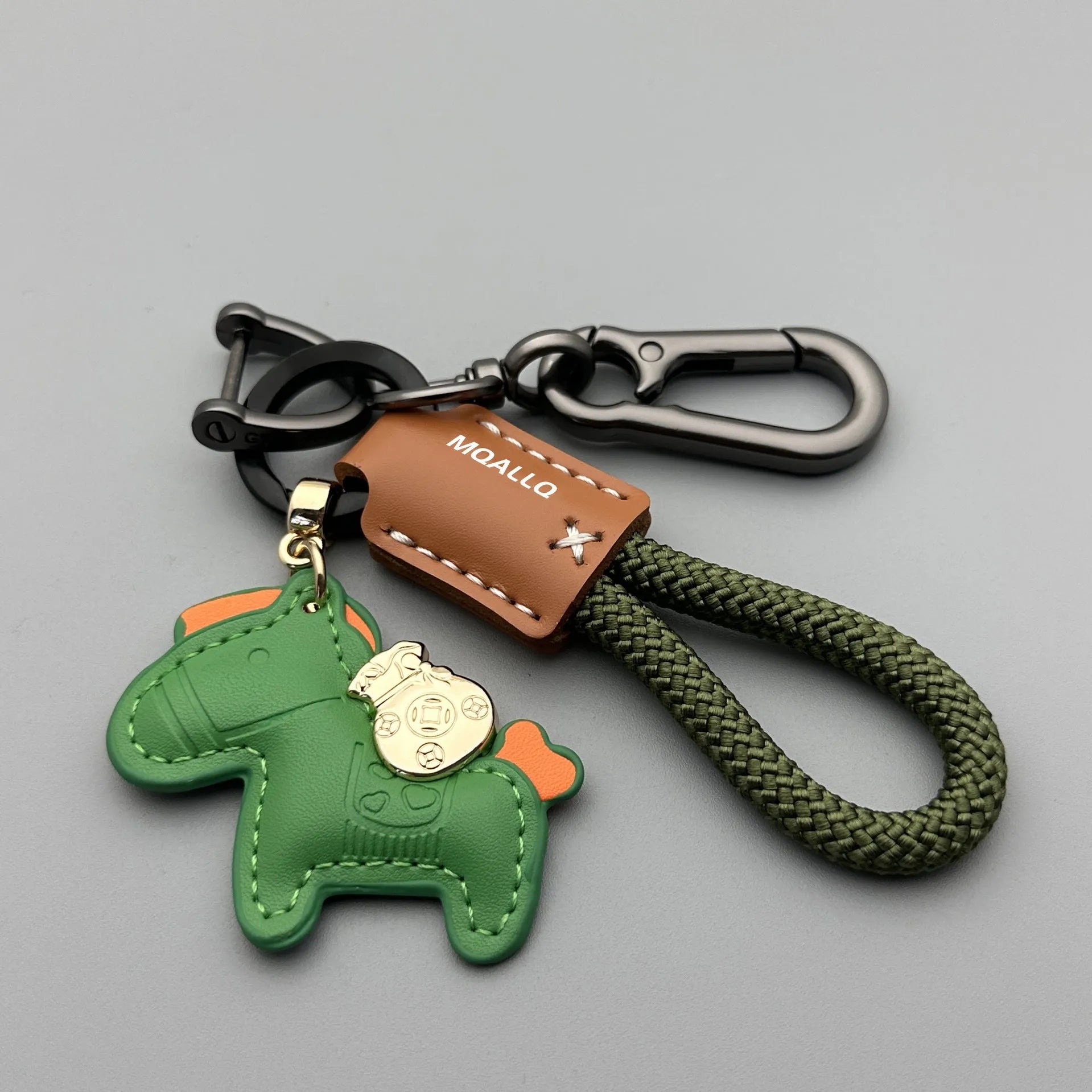 Cowhide car key ring pendant with zinc alloy pony belt buckle on flanelle rope in various colour options
