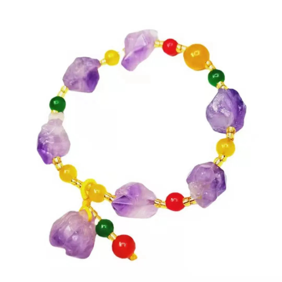 Natural shaped amethyst bead bracelet with fu character charm for women's romantic jewellery