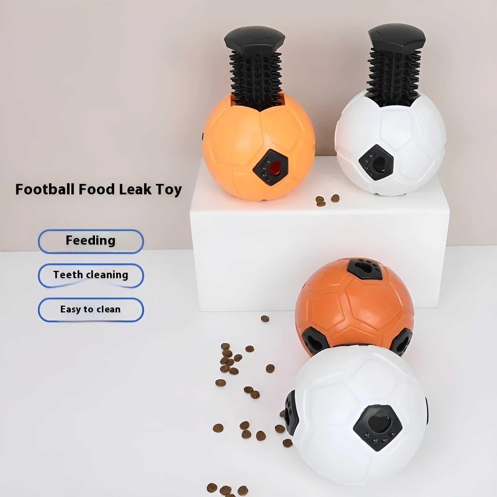 Orange and white TPR rubber dog toy ball showing hollow and dental stick design options