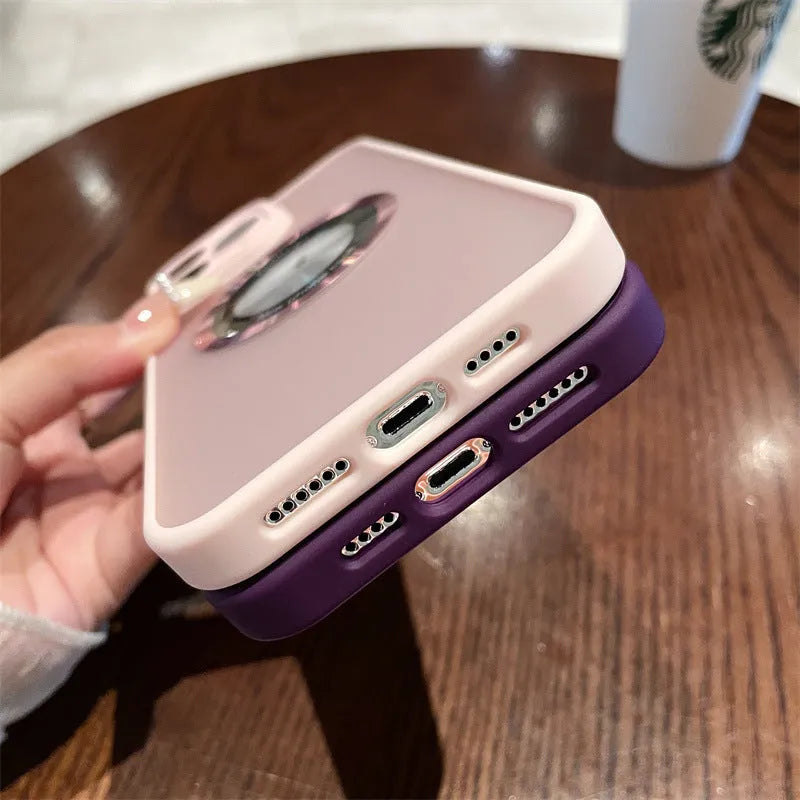 Frosted magnetic suction shockproof phone case for iPhone 15 series in blue, black, transparent, purple, or green.