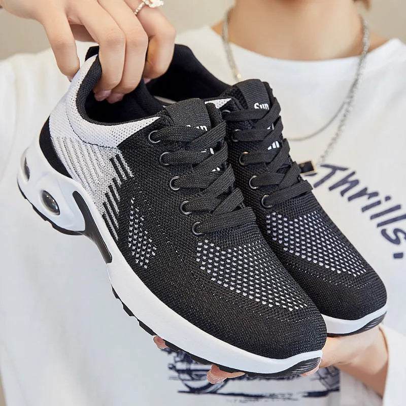 Women's Flyknit running shoes with striped pattern, breathable mesh lining, and PVC soles in multiple colour options