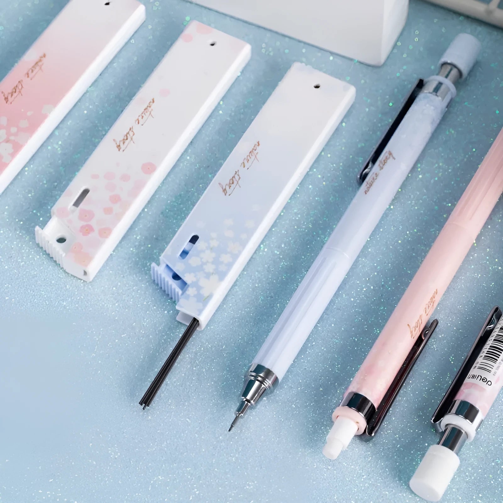 Cartoon style automatic pencil set with 0.5mm HB lead, three pencils and three refill boxes