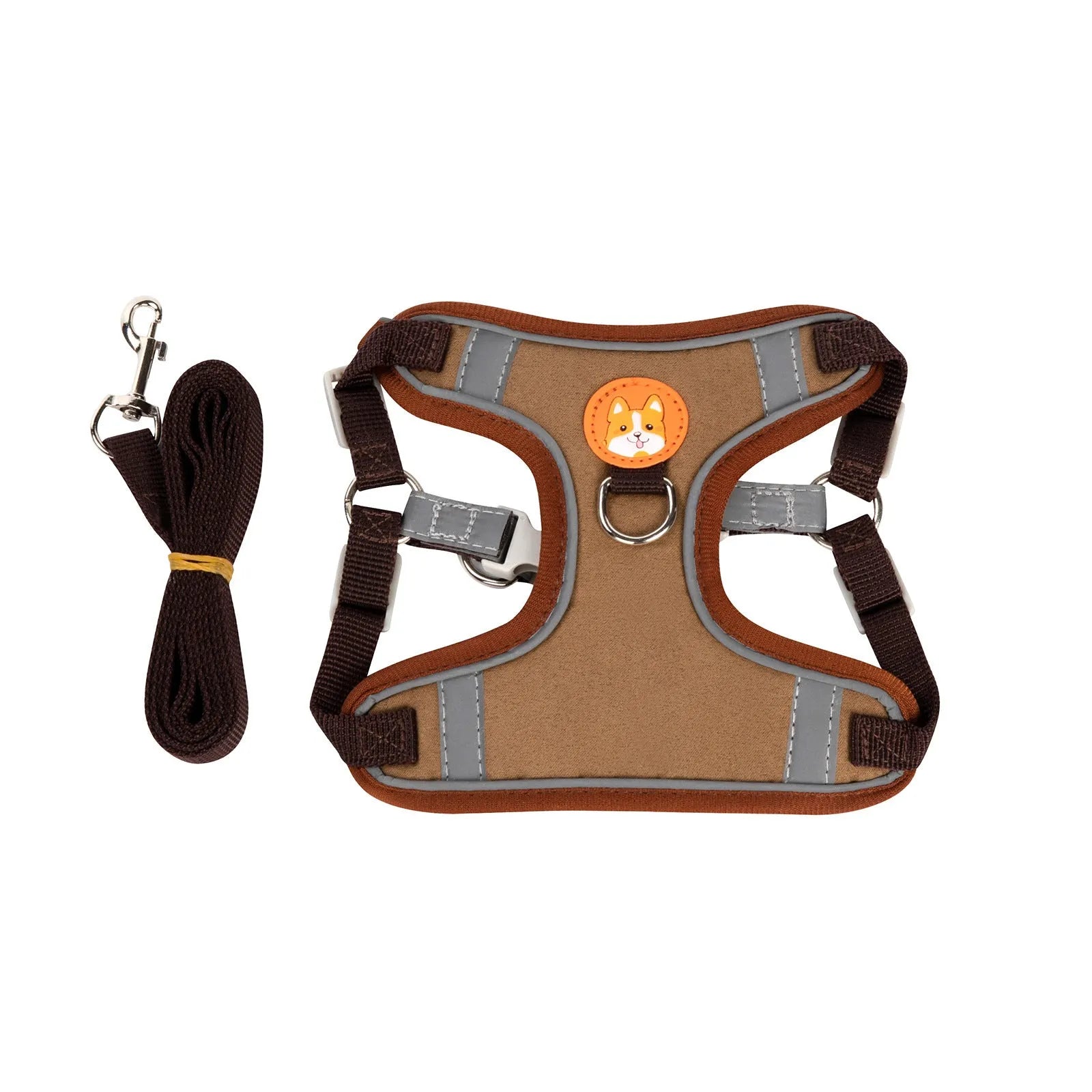 Adjustable dog harness and haulage rope set in purple, blue, orange, red, brown, or green with chest strap.