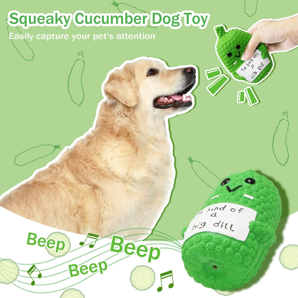 Green latex pickle-shaped dog squeaky toy with a textured surface.