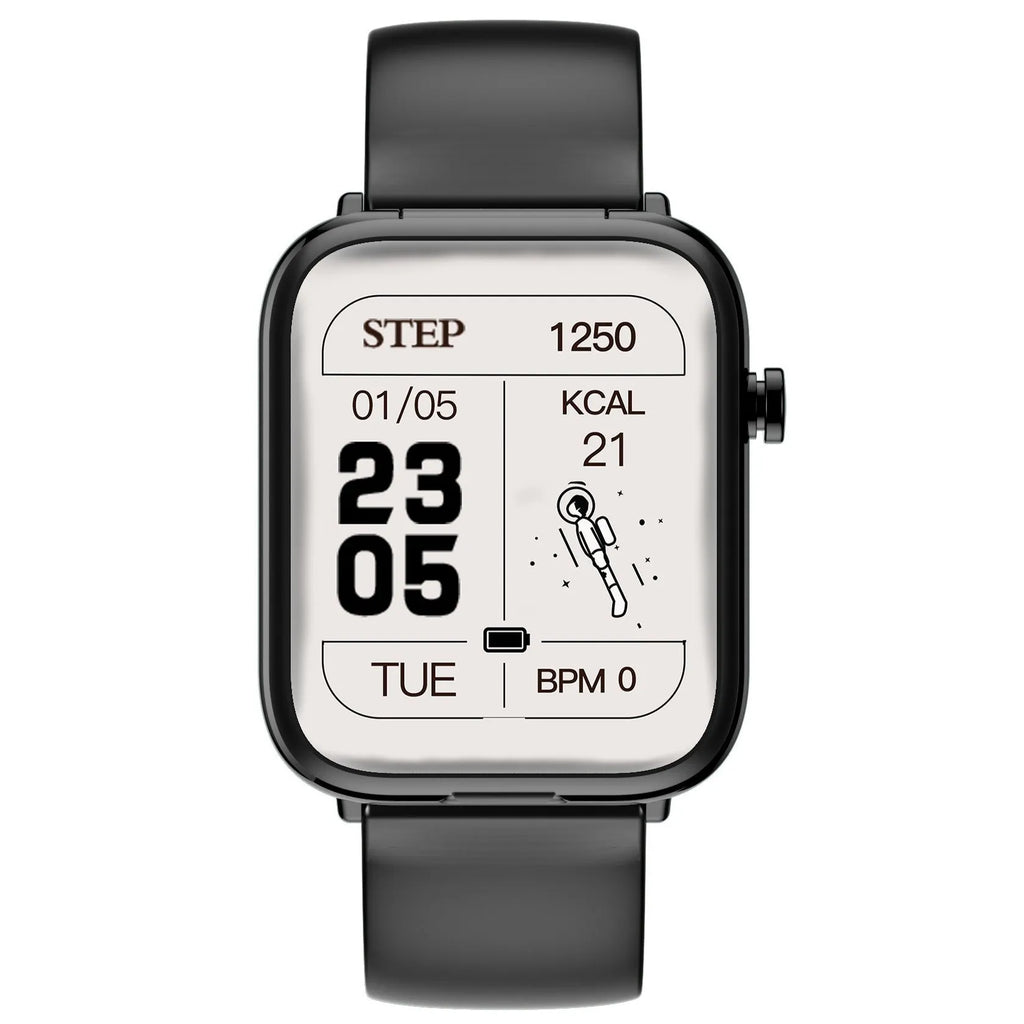 Black zinc alloy smartwatch with 1.69-inch touch screen and magnetic charging case for Bluetooth earbuds.
