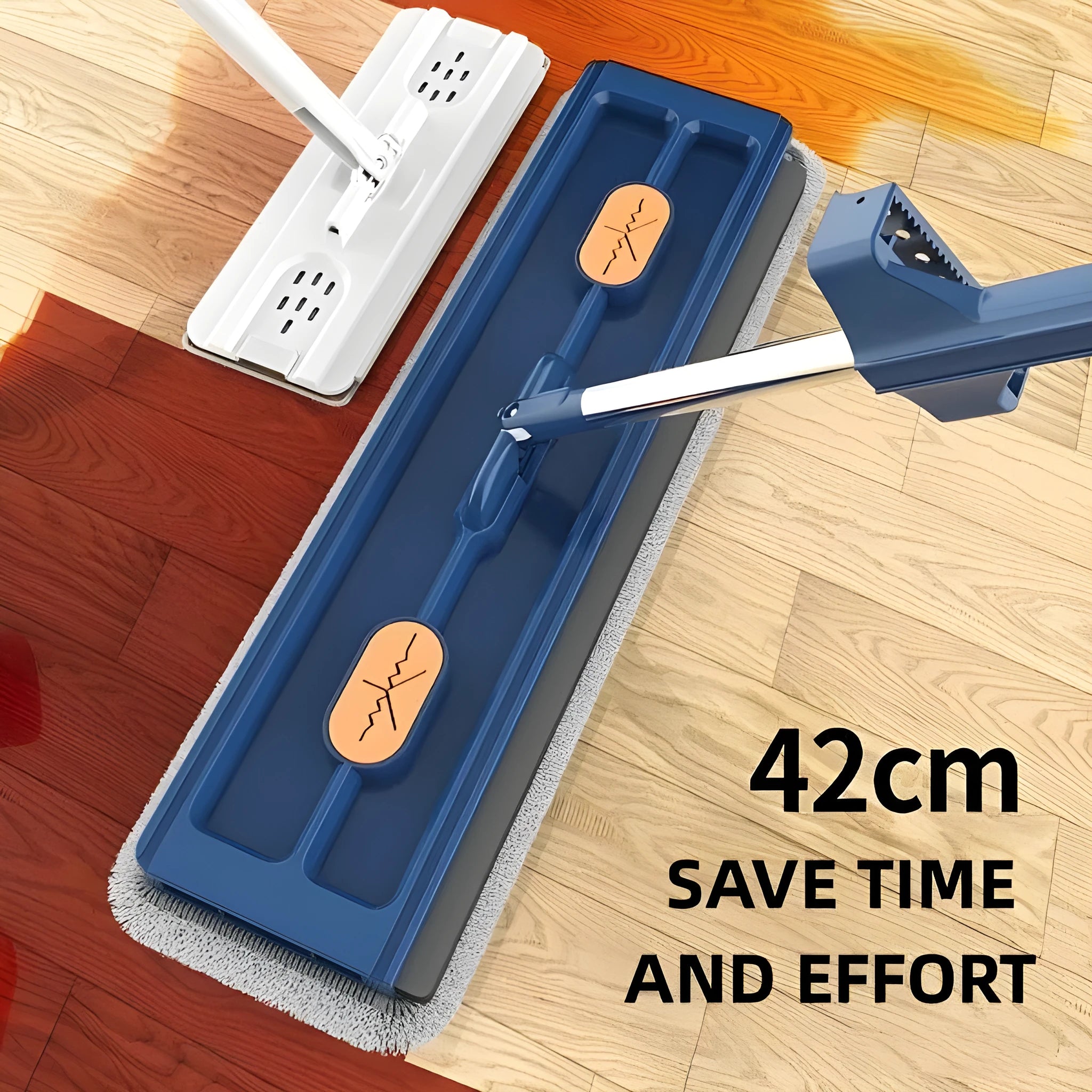 Large flat mop with blue rotating head and long stainless steel handle on a wooden floor