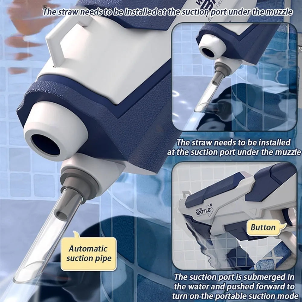 Blue electric Space Water Gun with USB charging cable, shown with water jet, for outdoor pool and beach play.