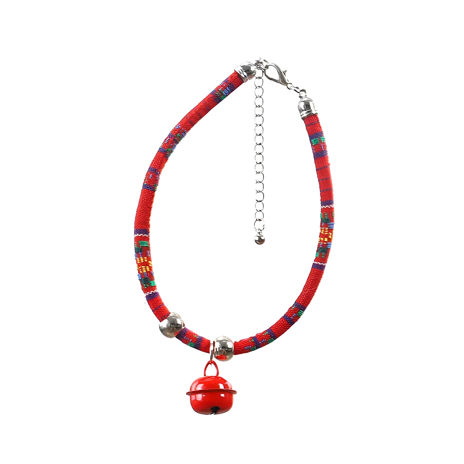 Coloured adjustable pet collar with ethnic embroidery and a metal bell, shown on a dog.