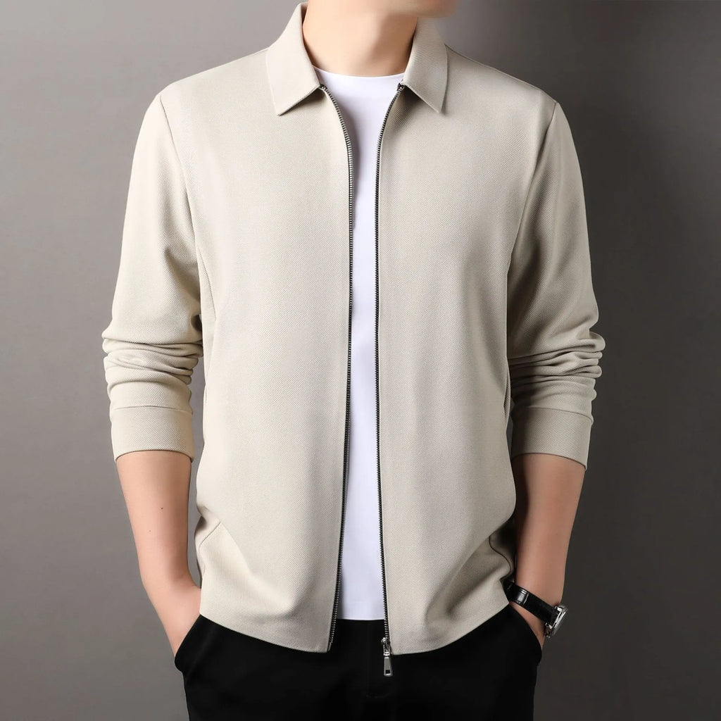 Men's slim fit casual business jacket in polyester available in black, dark grey, and apricot colours.