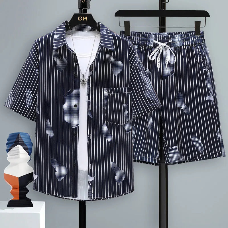 Men's grey casual sports two-piece set with short sleeve top and shorts on a hanger.