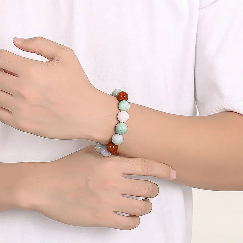 Women's Myanmar jade tricolor bracelet with 13mm round beads and national style design