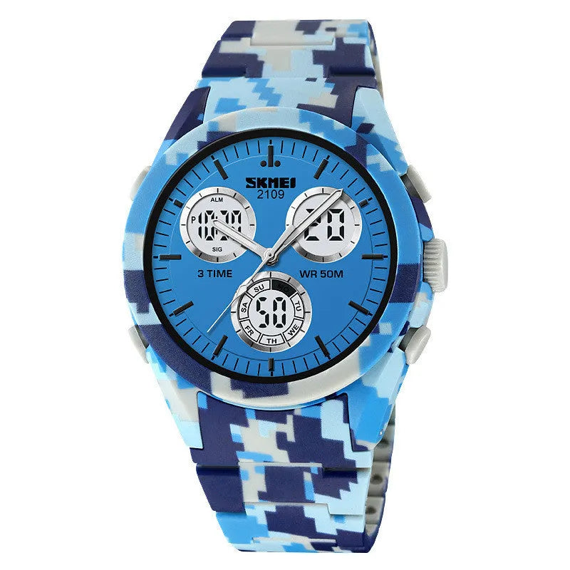 Unisex electronic casual watch with camouflage strap and resin mirror, waterproof to 50 metres.