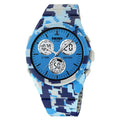 Unisex electronic casual watch with camouflage strap and resin mirror, waterproof to 50 metres.