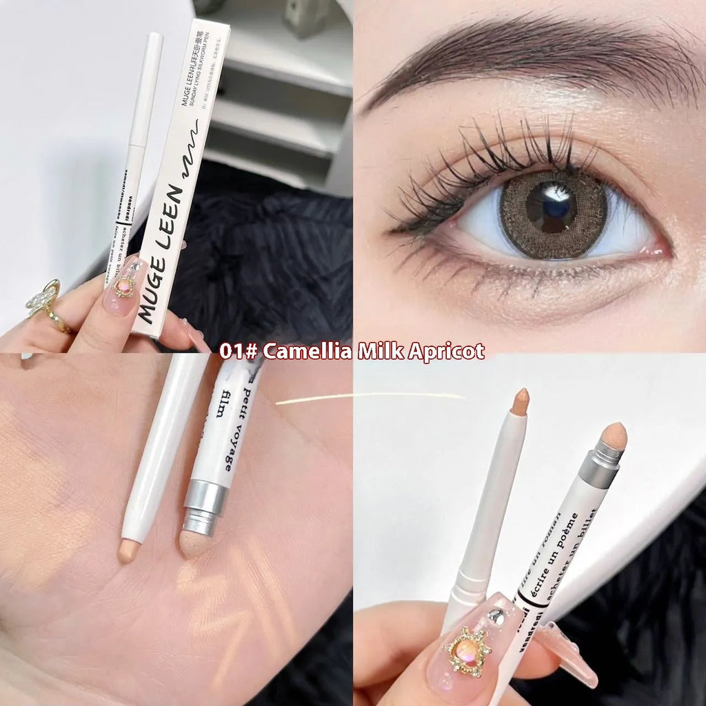 Waterproof eye shadow pen in a display showing its range of 16 colours including beige, pink, gold, and purple.