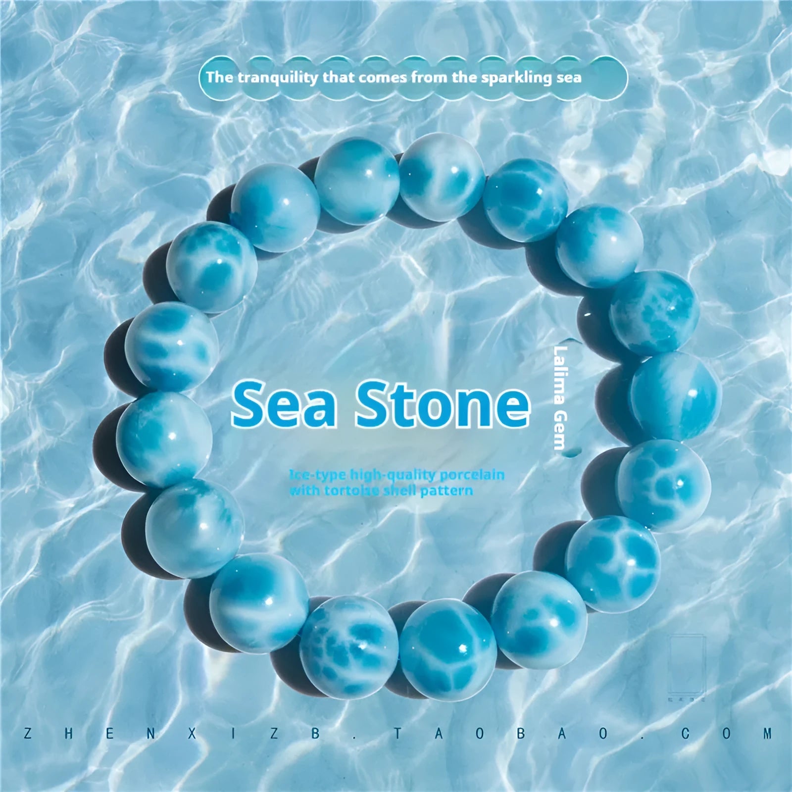 Blue natural crystal sea-pattern stone and bodhi seed bracelet with pearl accents on a wrist.
