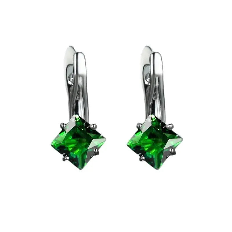 Copper earrings with diamond-design zircon inlay in blue, green, or colour options