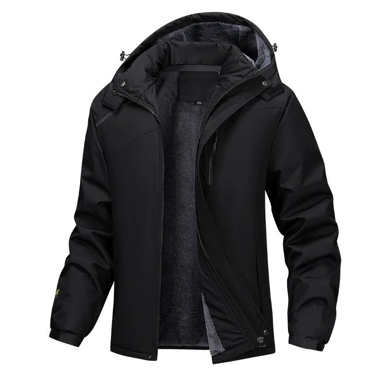 Men's plus size hooded winter coat in Army Green polyester, showcasing front zip and hood.