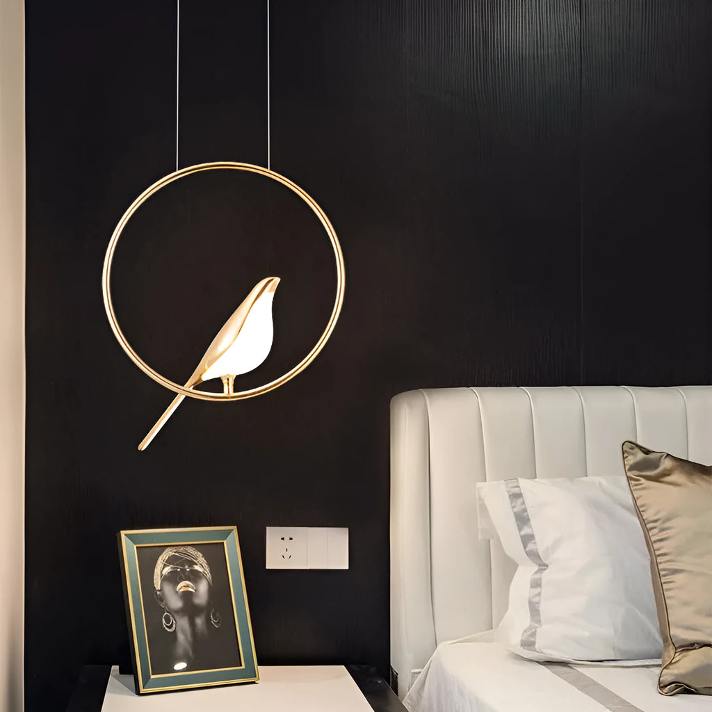 Modern minimalist magpie bird silhouette LED chandelier ceiling light fixture.
