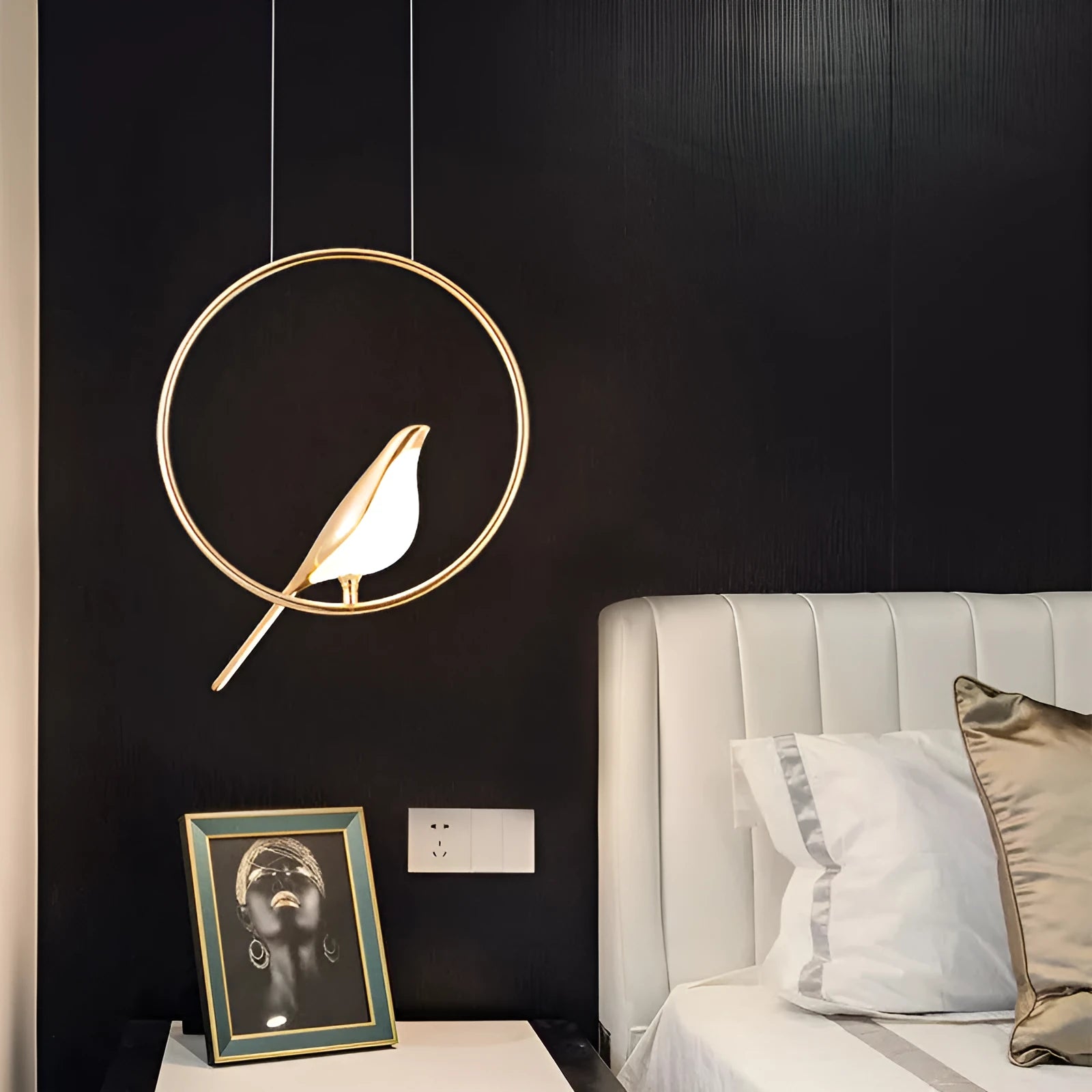 Modern minimalist magpie bird silhouette LED chandelier ceiling light fixture.