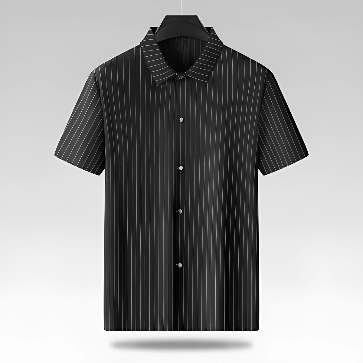 Plus size man wearing a black striped ice silk shirt with a square collar and loose fit.