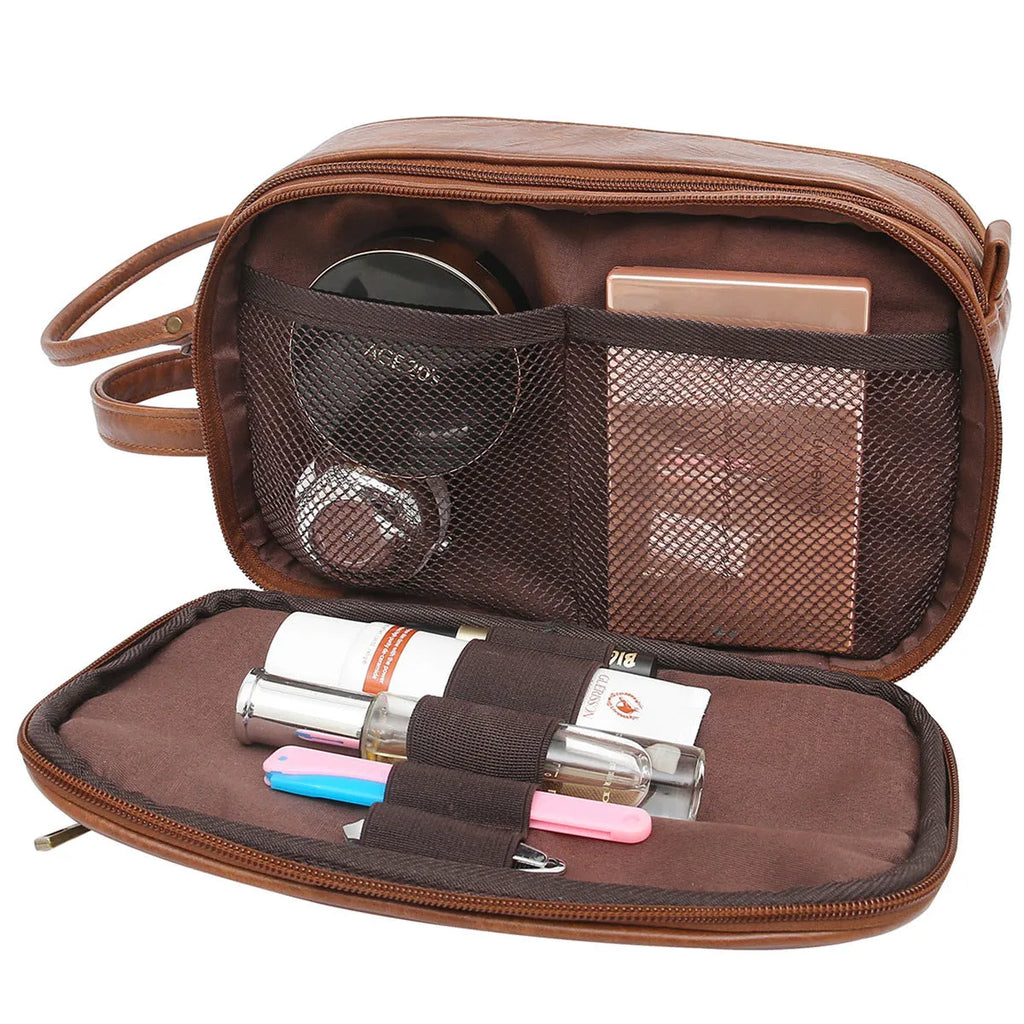 Black and brown pu leather men's toiletry bag for travel storage
