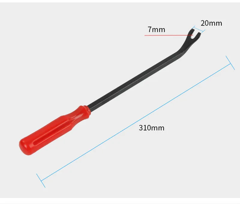 Red-handled steel automotive nailing tool for General Motors door panels