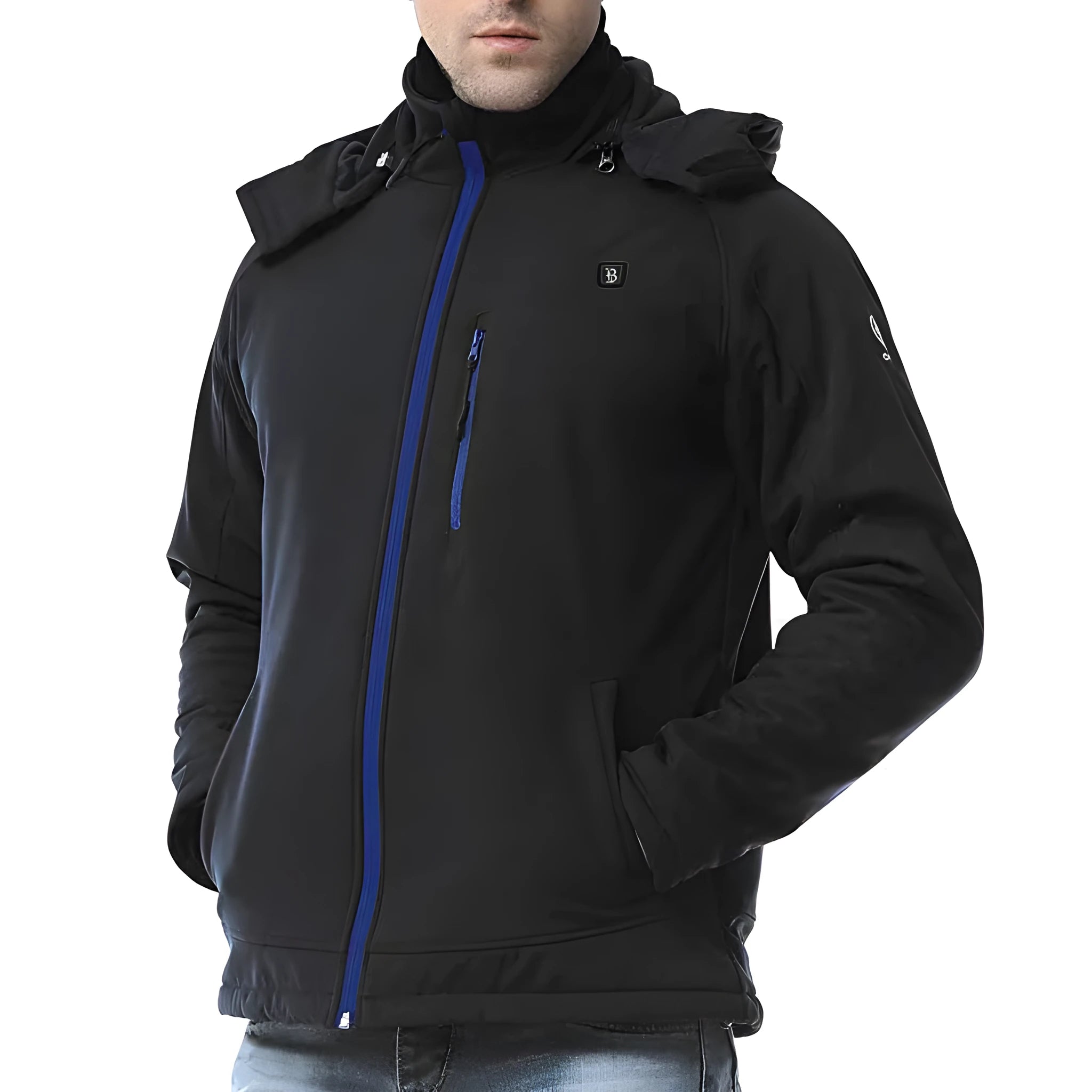 Black men's USB heated waterproof winter coat with zipper pockets and straight hem.