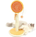 Blue cat scratching post with natural sisal rope and a hanging yellow ball toy on a sturdy wooden base.