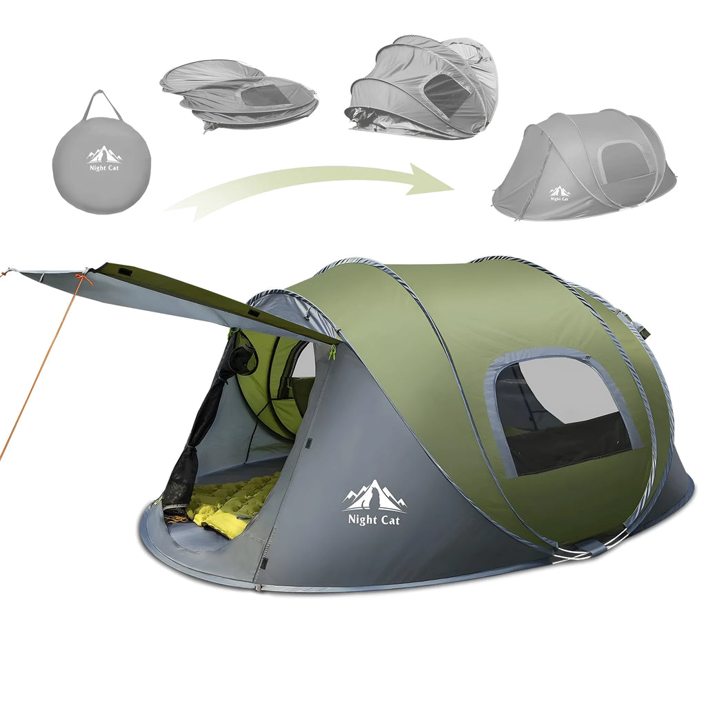 Dark green automatic pop-up camping tent with silver rainfly showing compact two-person dimensions