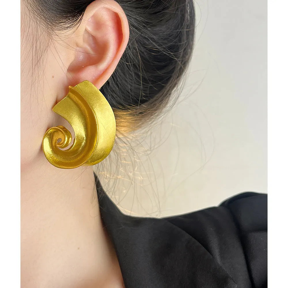 Gold geometric retro ear studs with 5cm drop length, alloy construction with electroplated finish.