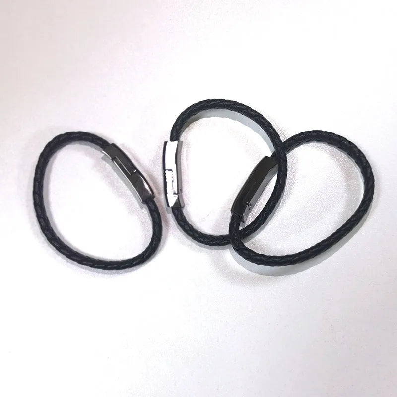 Black braided PU leather bracelet charger USB data cable with zinc alloy joints, 20cm or 22.5cm