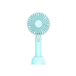 Blue USB-powered mini handheld fan with three-speed control and compact design