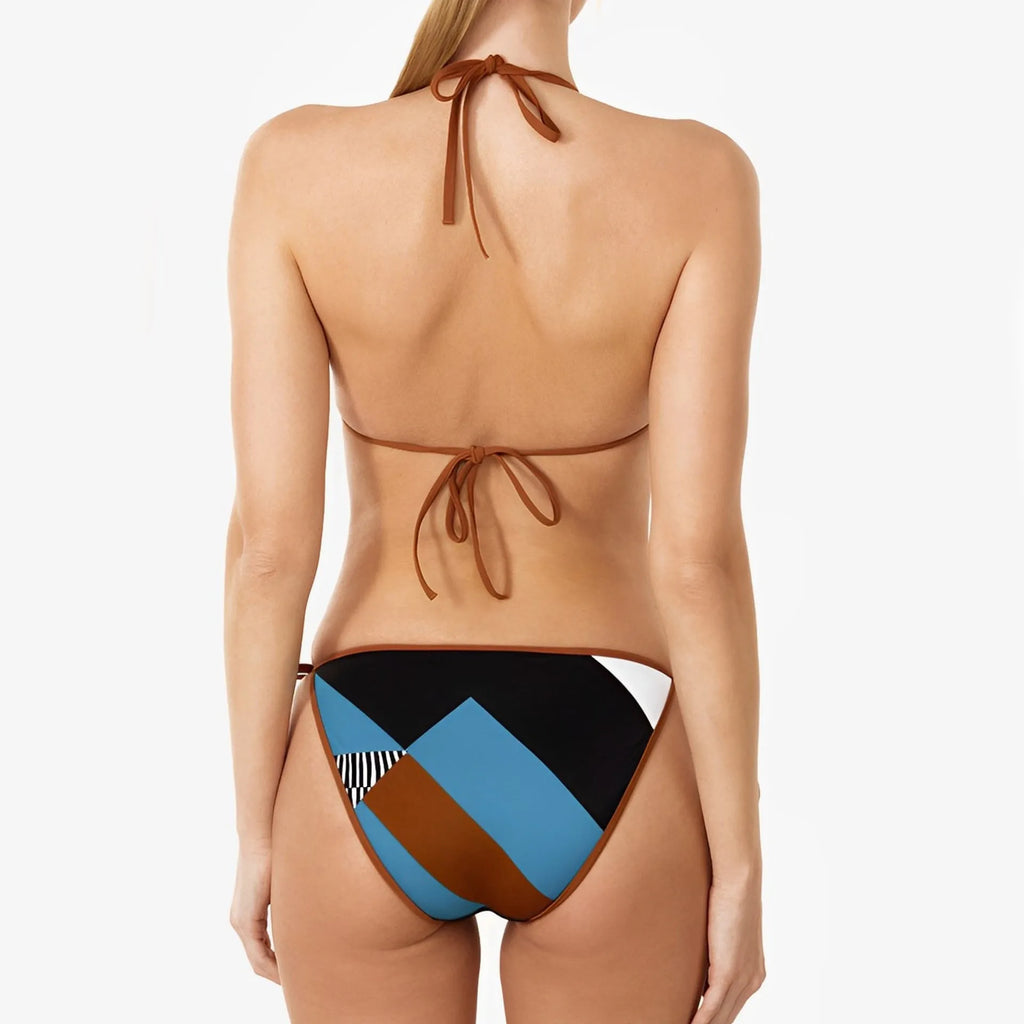 Women's skinny print split bikini swimsuit with backless design in polyester fabric
