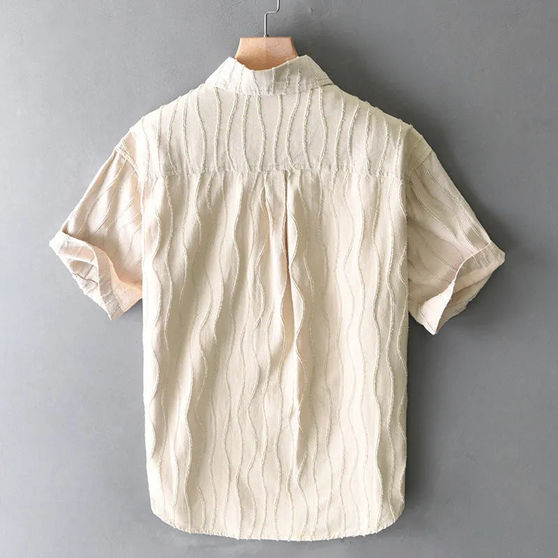 Men's pure cotton short sleeve casual shirt in Japanese fresh style, loose fit, apricot colour option