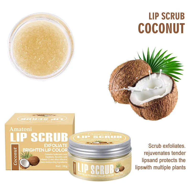 30g pot of fruit flavour lip scrub cream in coconut, raspberry, vanilla, or watermelon