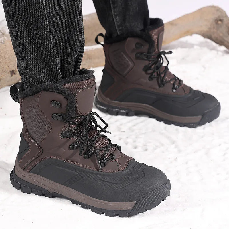 Men's black fleece-lined high-top winter boot with lace-up front and tall crown on a ribbed TPR sole.