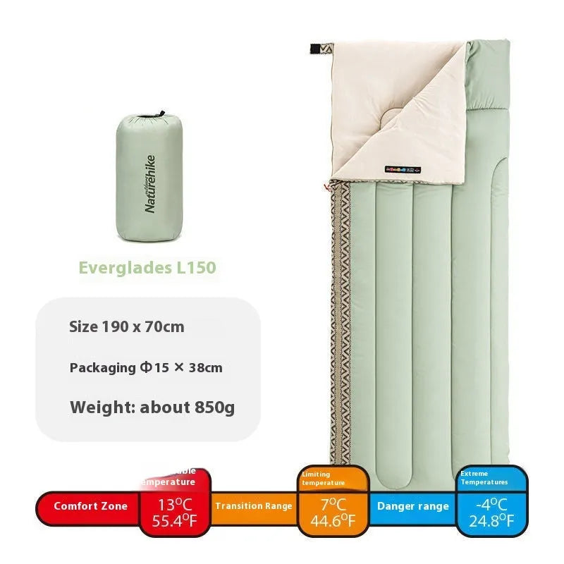 Four Seasons Universal portable hollow cotton camping sleeping bag with storage bag in swamp colour.