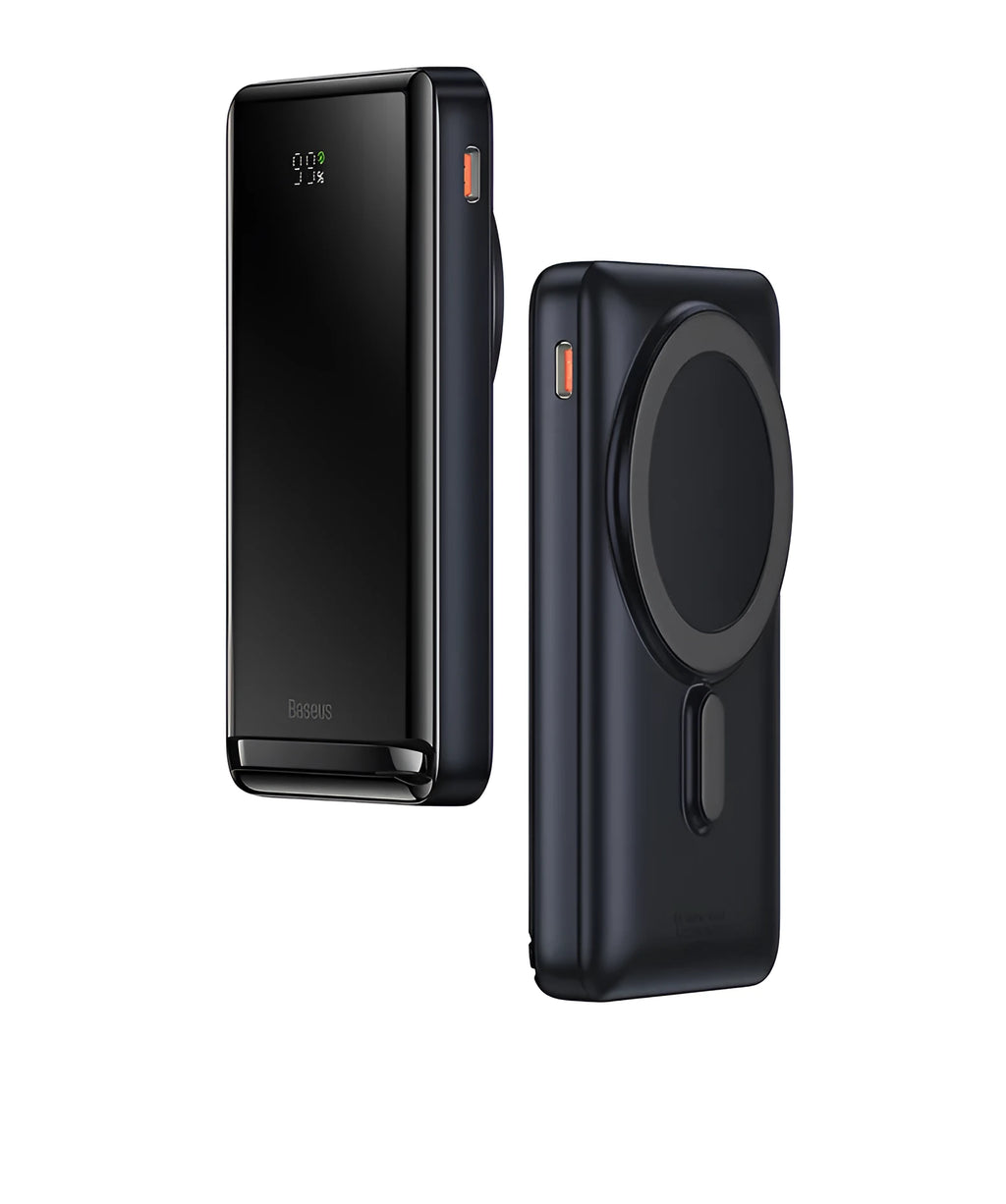 Slim blue 3-in-1 magnetic power bank with wireless charging capability showing dimensions