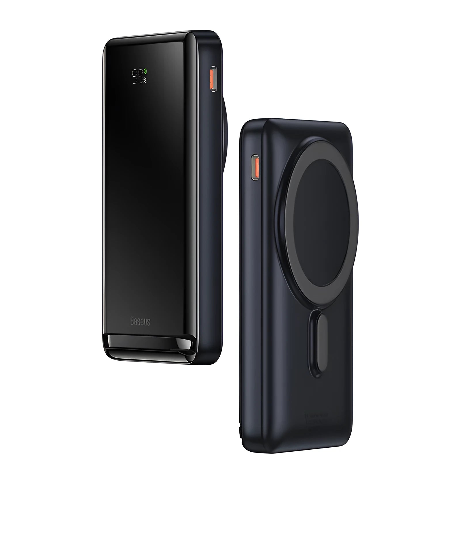 Slim blue 3-in-1 magnetic power bank with wireless charging capability showing dimensions
