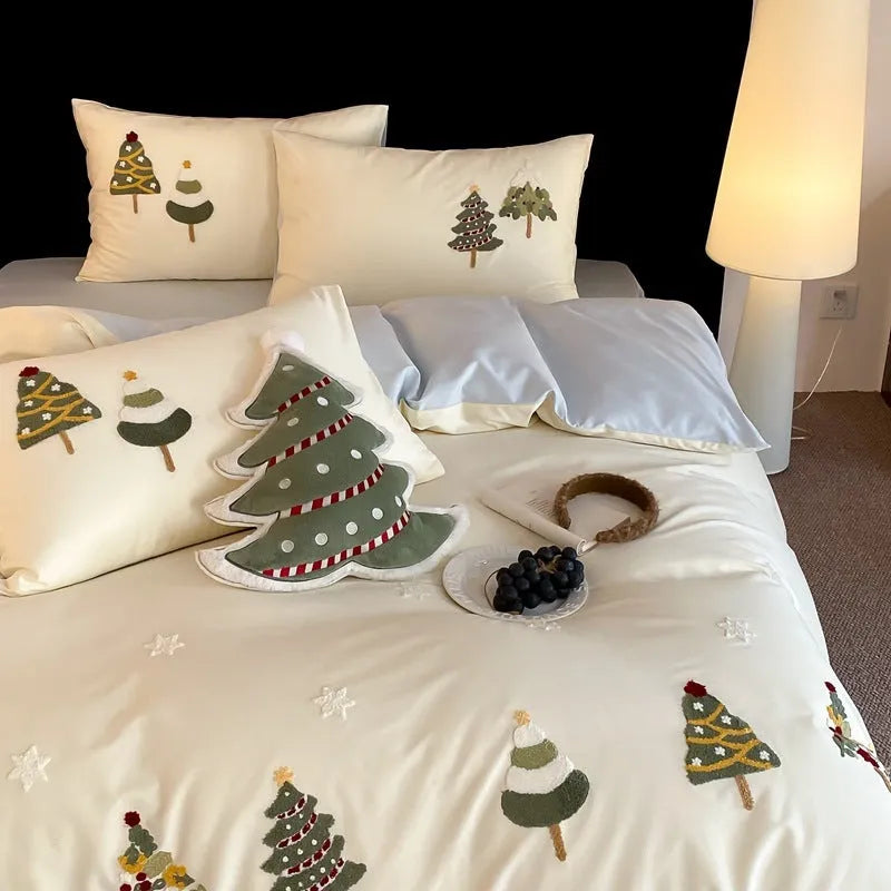 Pure cotton bedding set with Christmas tree embroidery showing duvet cover, sheet, and pillowcases