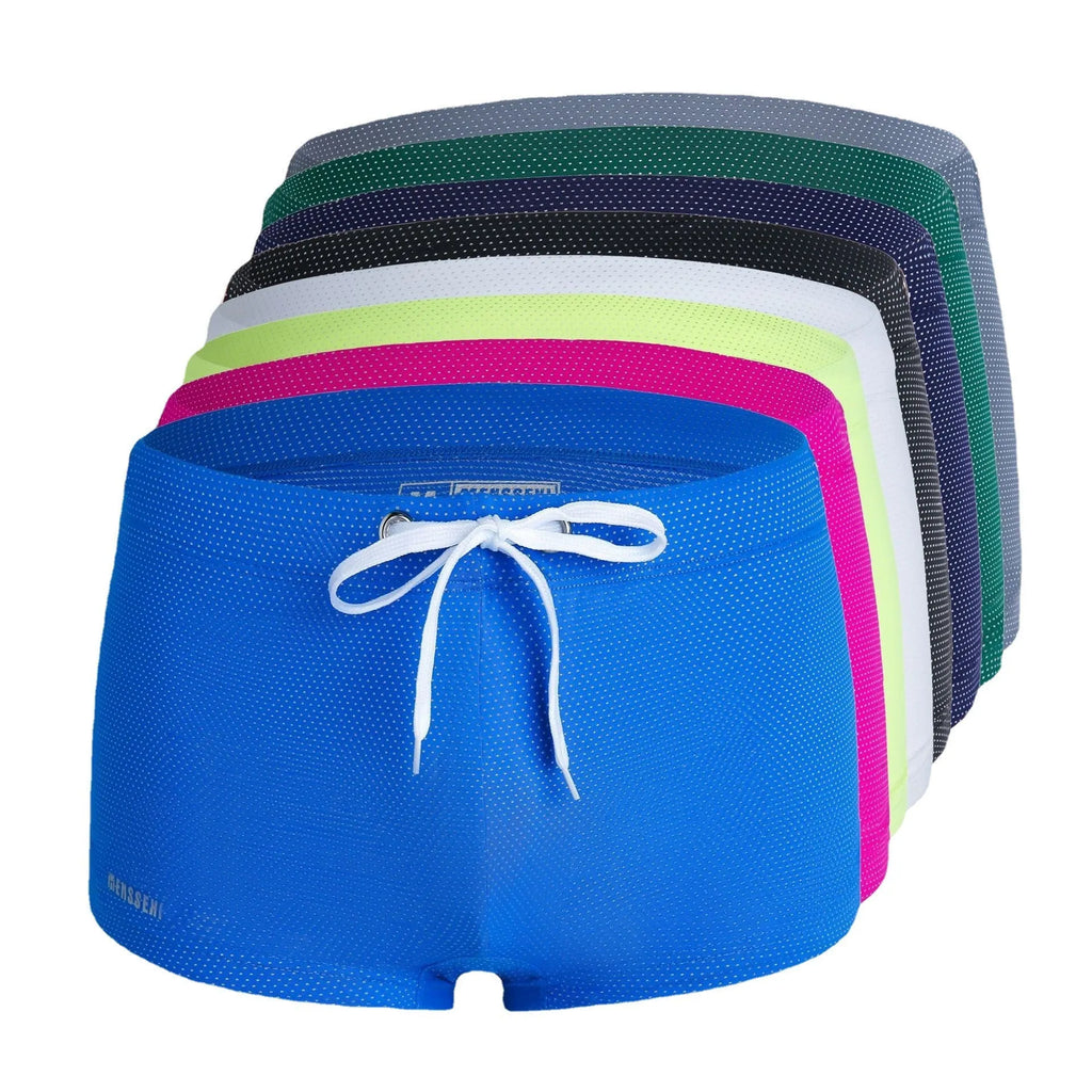 Men's low-waist swimming trunks in nylon fabric with lace detailing available in eight colours
